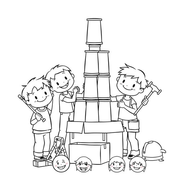 Strona kolorowanki — wieża i dzieci