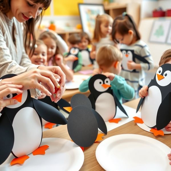 Dzieci przyklejające elementy pingwinka — scena pracowni