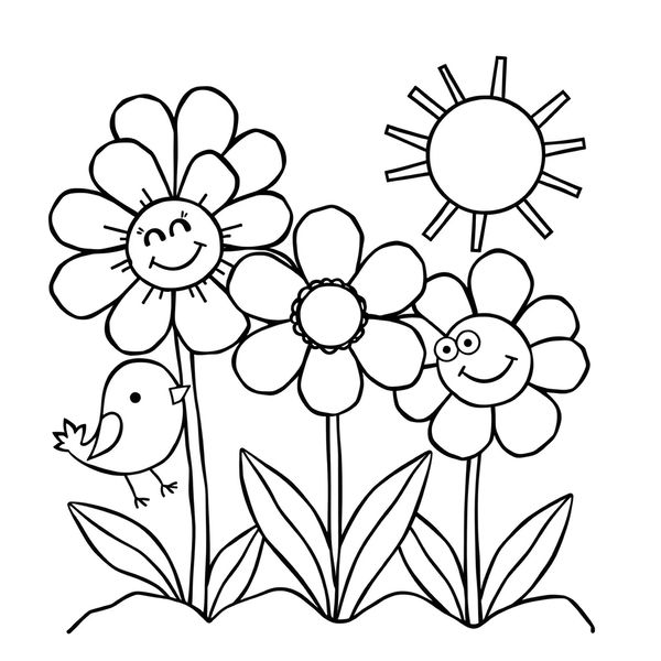 Kolorowanka — Kwiaty i wiosenne zwierzątka