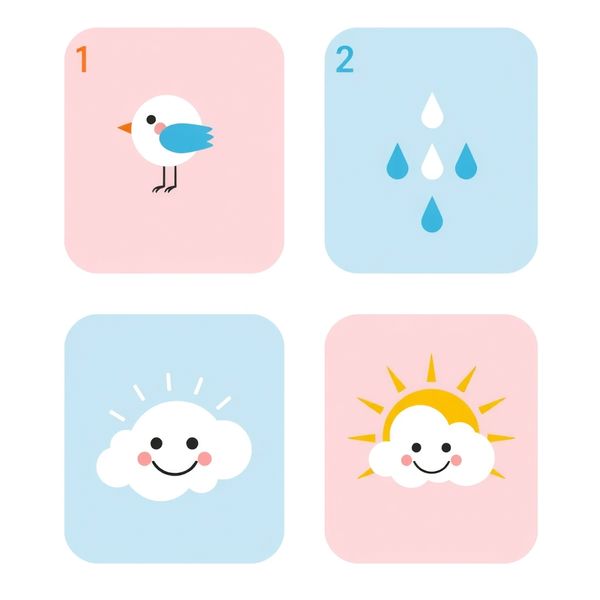 Karty-obrazki: ptak, deszcz, słońce, chmurka