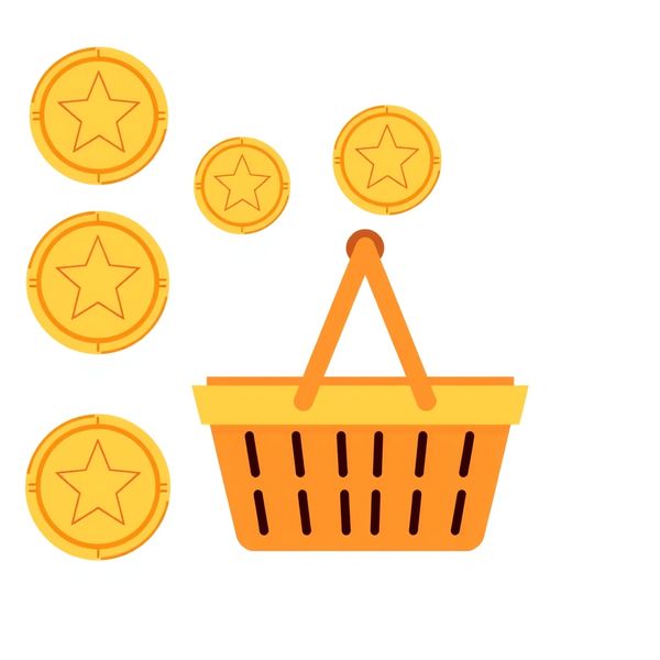 Monety i koszyk do zabawy w sklepik