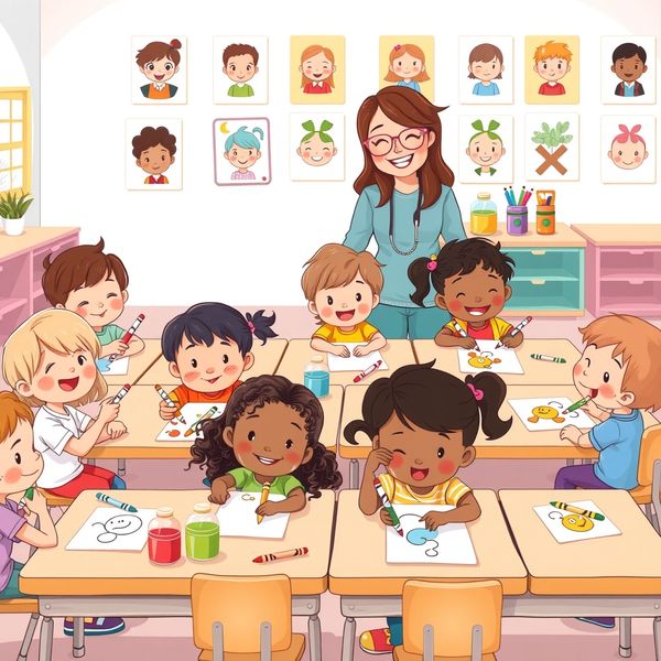 Ilustracja — Dzieci kolorują przy stolikach